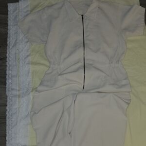 Cream Short Sleeve Zip-Up Jumpsuit